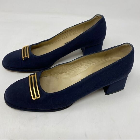 Sold! Bally Sz 7 Blue Pandar Gold Accents Career Slip On Designer Chunky Pumps - Picture 2 of 13